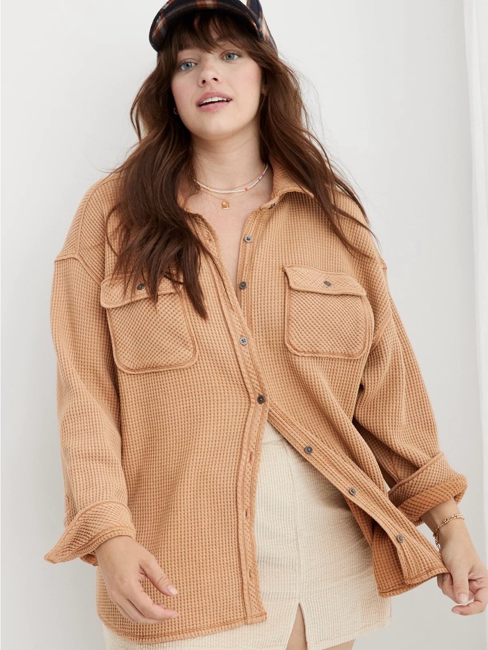 NWOT Aerie Camel Waffle-Knit Button-Down Shacket